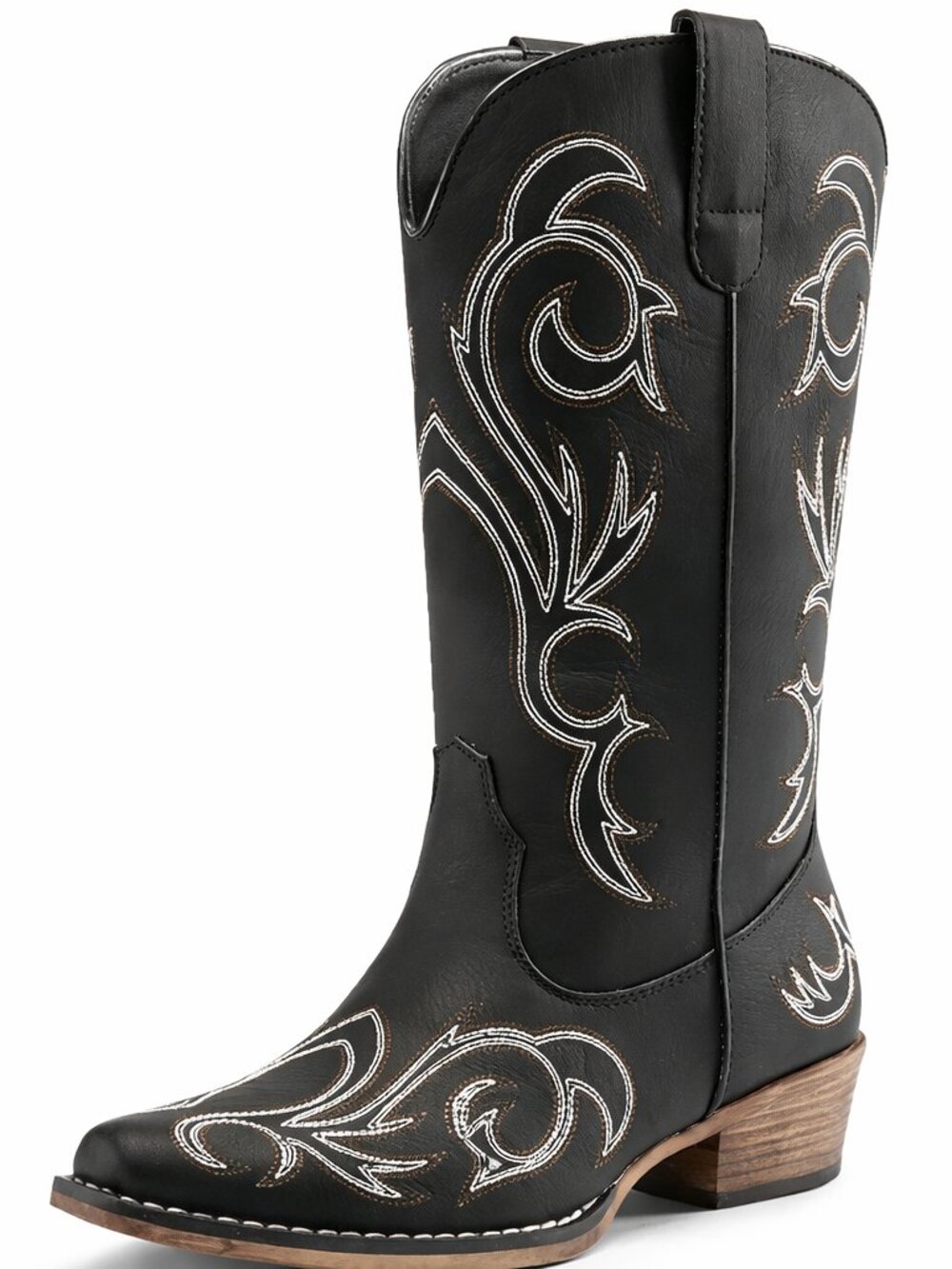 Women's Black Faux Leather Cowgirl Boots Square Toe Chunky Heel Stitched Boots
